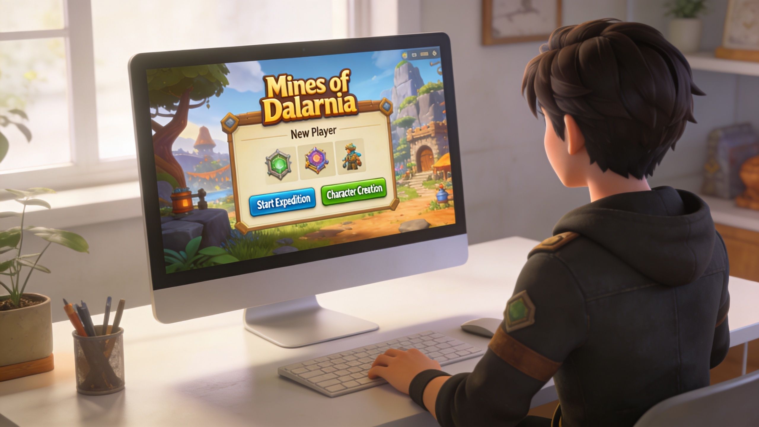 A person sitting at a desk playing the video game Mines of Dalarnia on a computer monitor.
