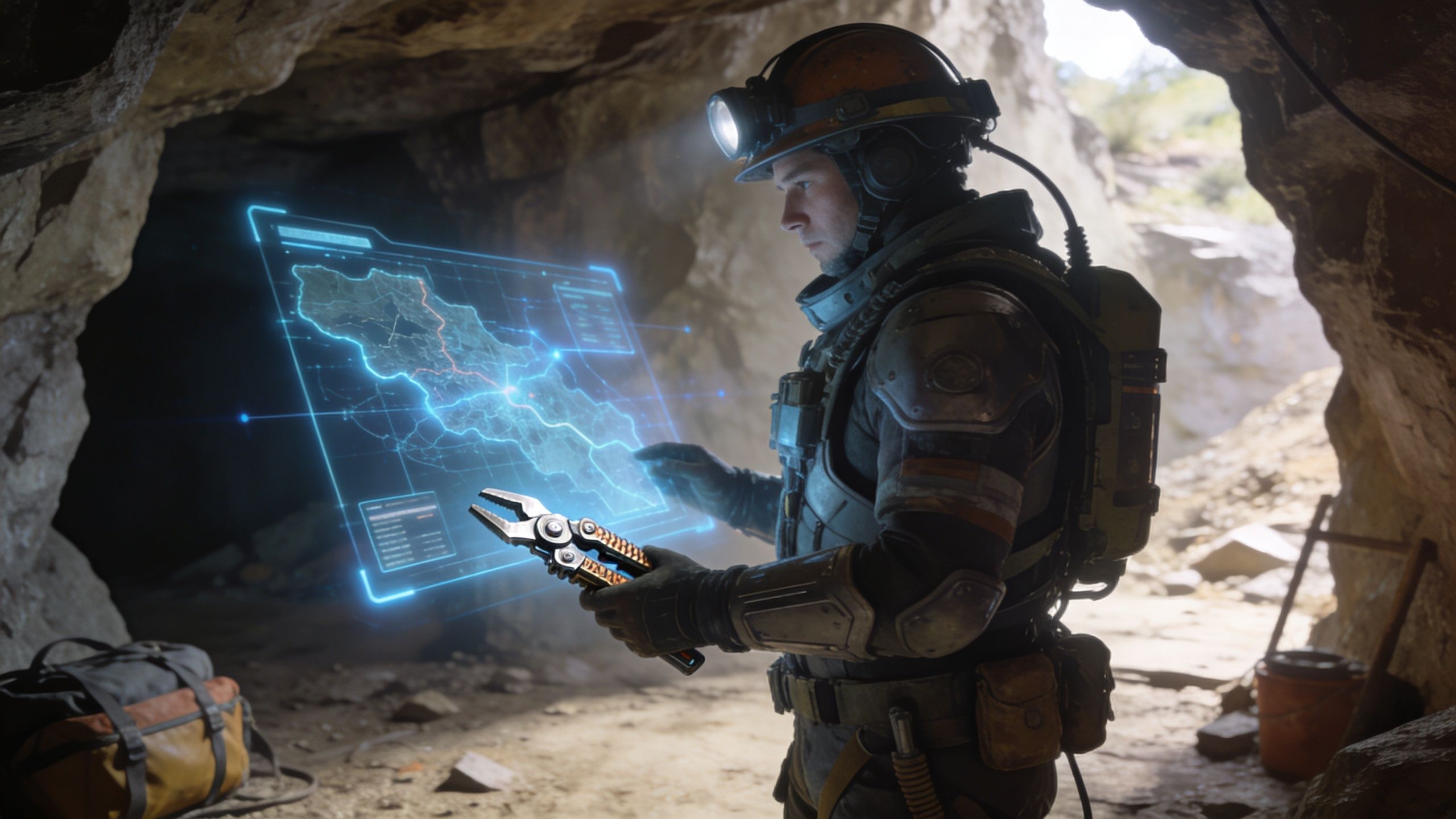 A futuristic space miner holding a tool while examining a glowing digital map inside a cave.