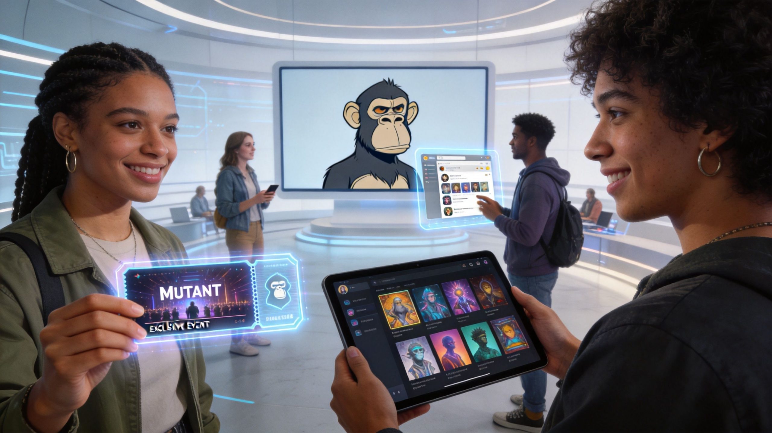 A young man and woman look at digital NFT art on a tablet in a futuristic setting.