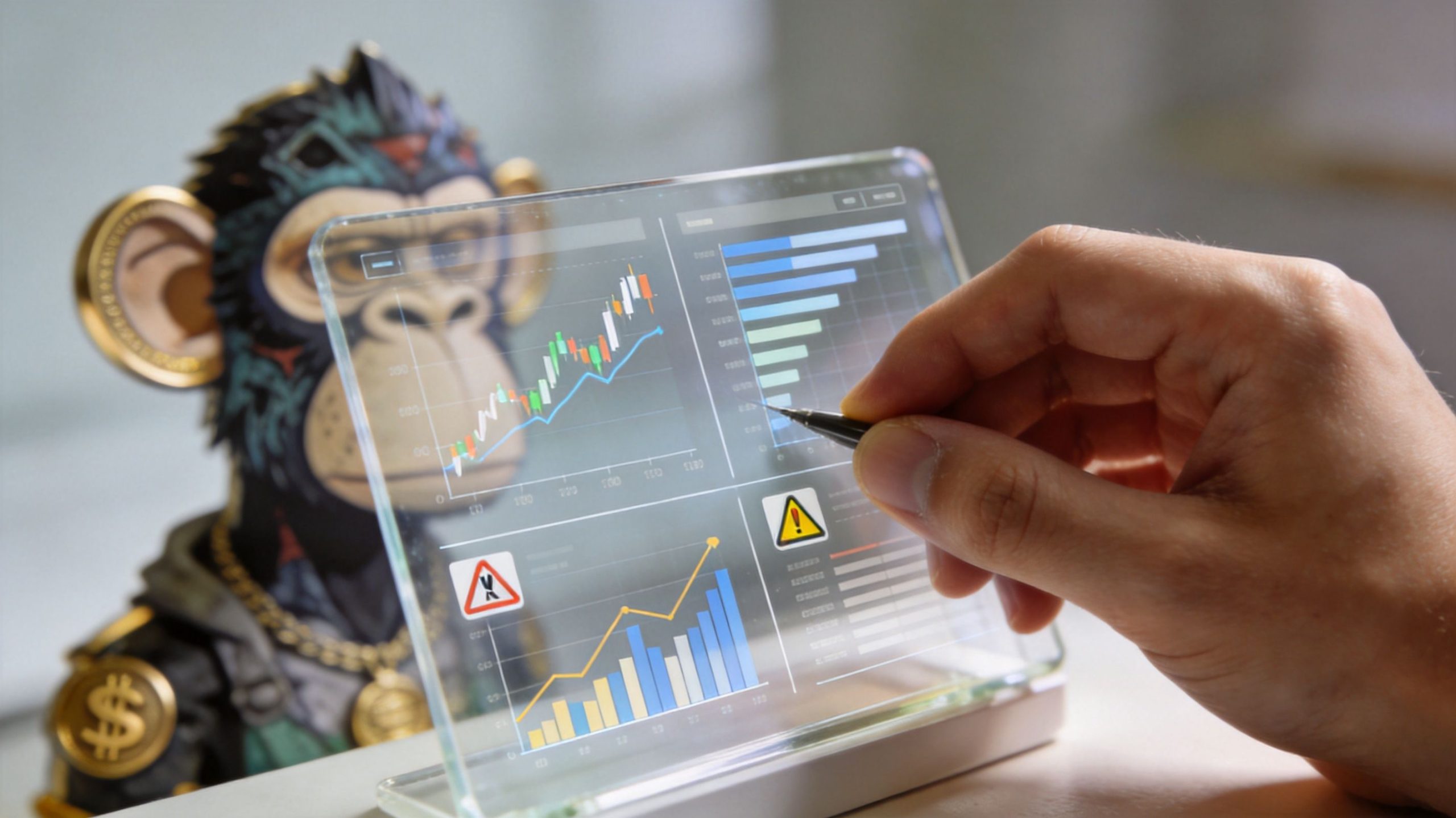 A close-up of a person using a stylus on a glass digital display featuring various financial charts.