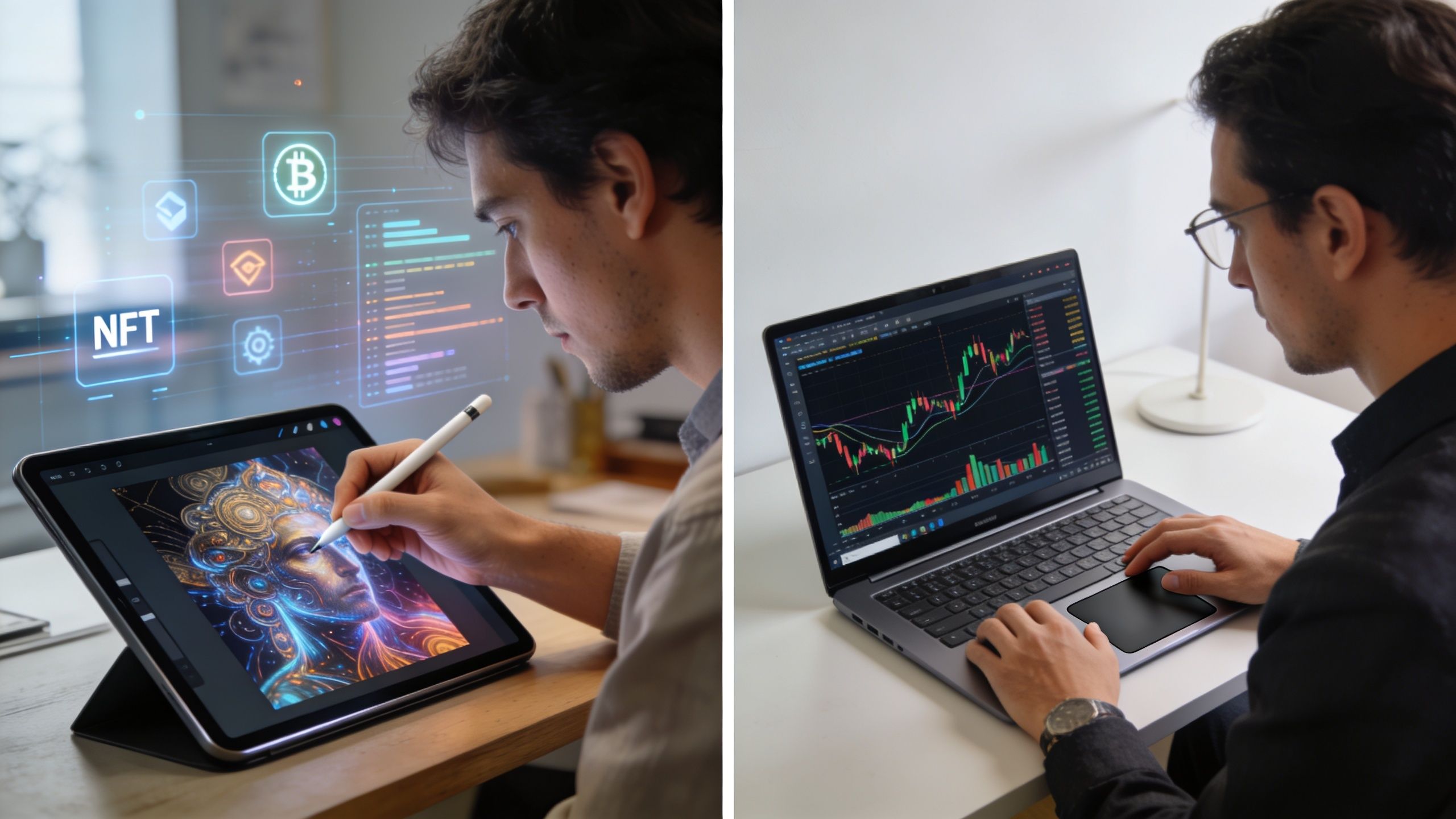 A split-screen image showing a digital artist creating an NFT and a trader analyzing stock market graphs.