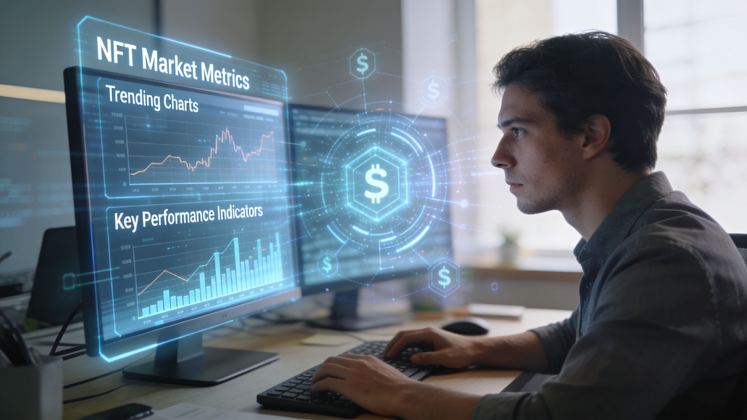 A young man working on a computer displaying futuristic holographic charts and data about NFT market trends.