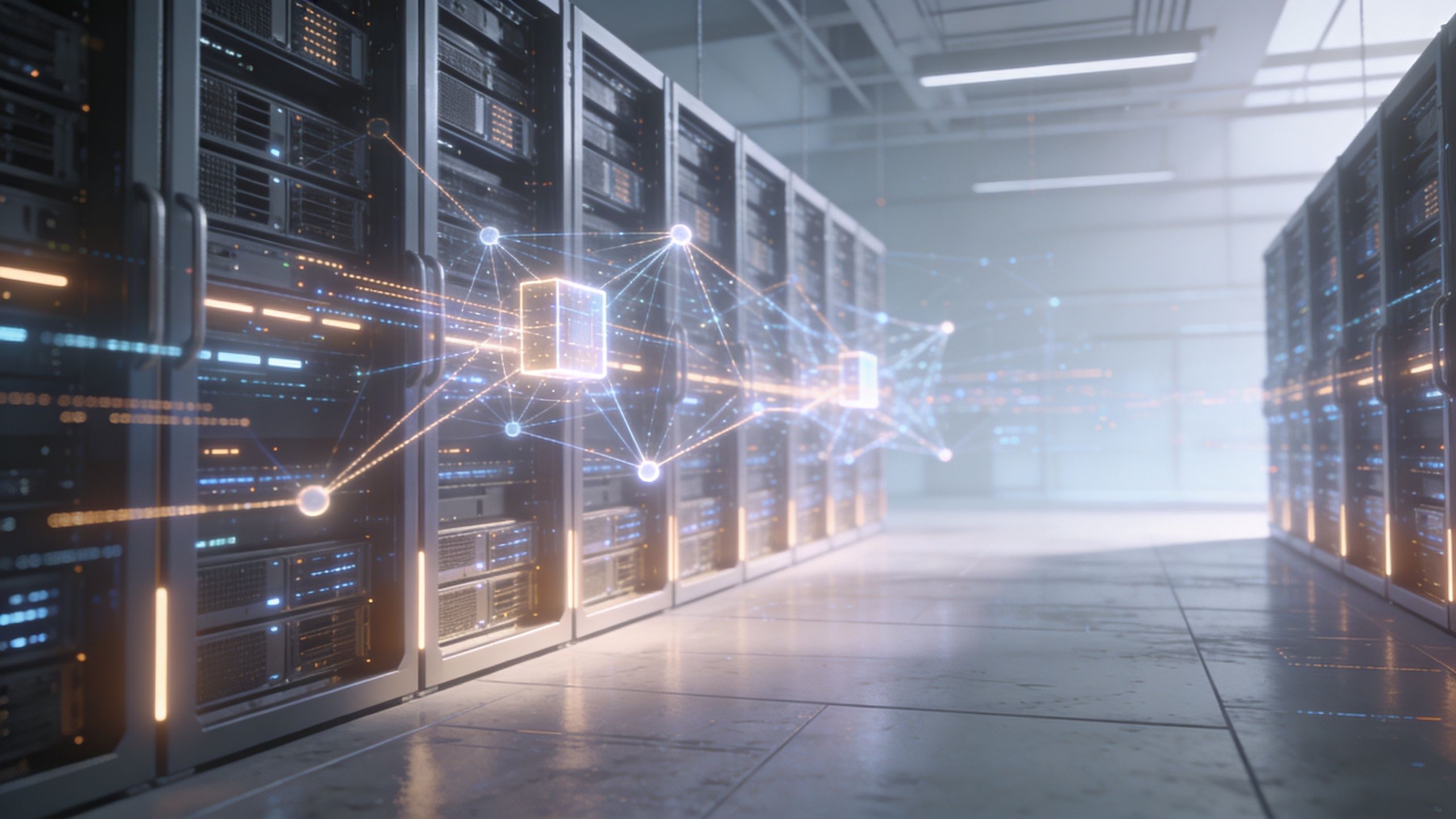 A modern server room with glowing digital network connections representing advanced cloud infrastructure and data processing technology.