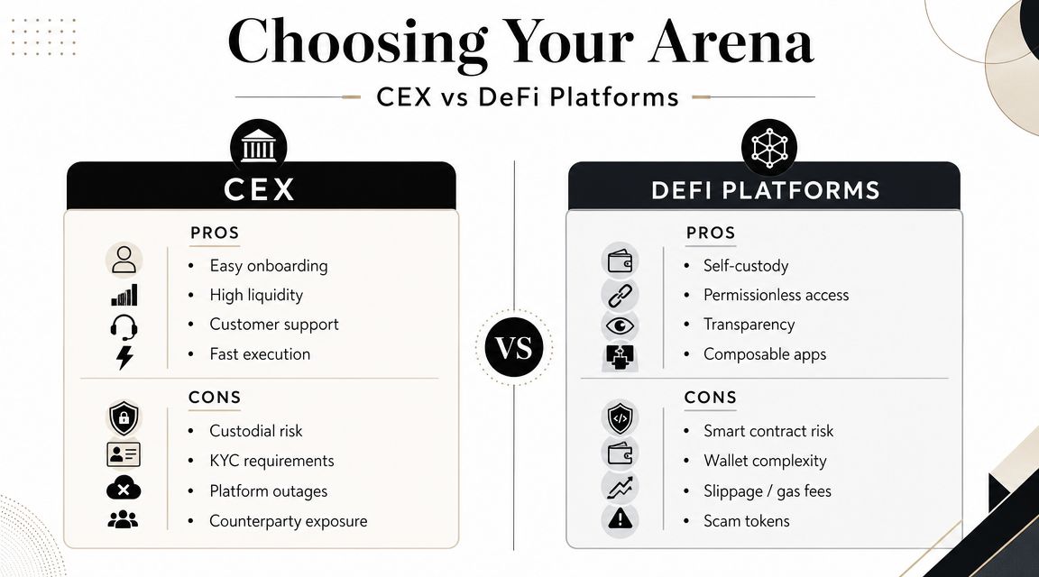 A comparison chart outlining the pros and cons of Centralized Exchanges versus Decentralized Finance platforms.