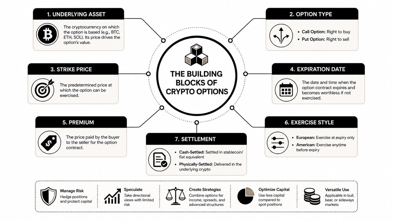 An infographic detailing seven fundamental building blocks of crypto options, explaining key terms like strike price and premium.