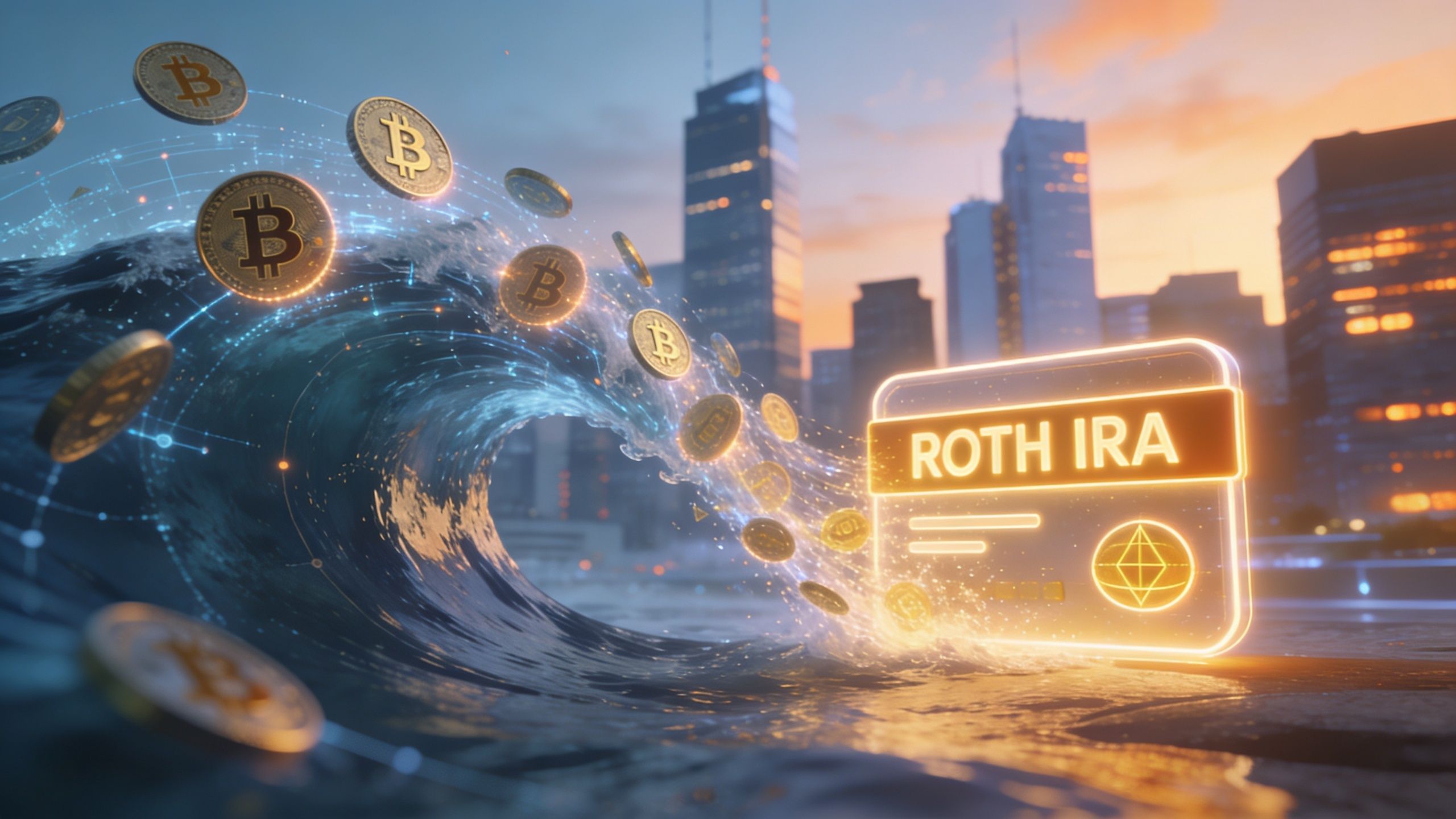 A digital representation of Bitcoin coins flowing into a glowing Roth IRA account amidst a city background.