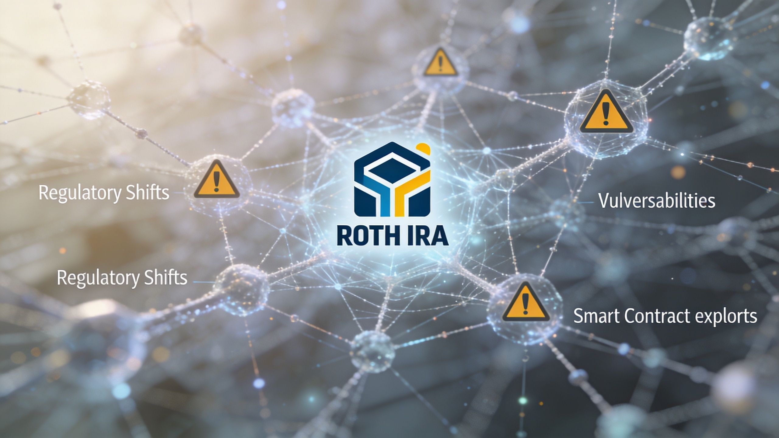 A digital graphic illustrating risks associated with Roth IRA cryptocurrency investments, featuring warning icons and interconnected network lines.