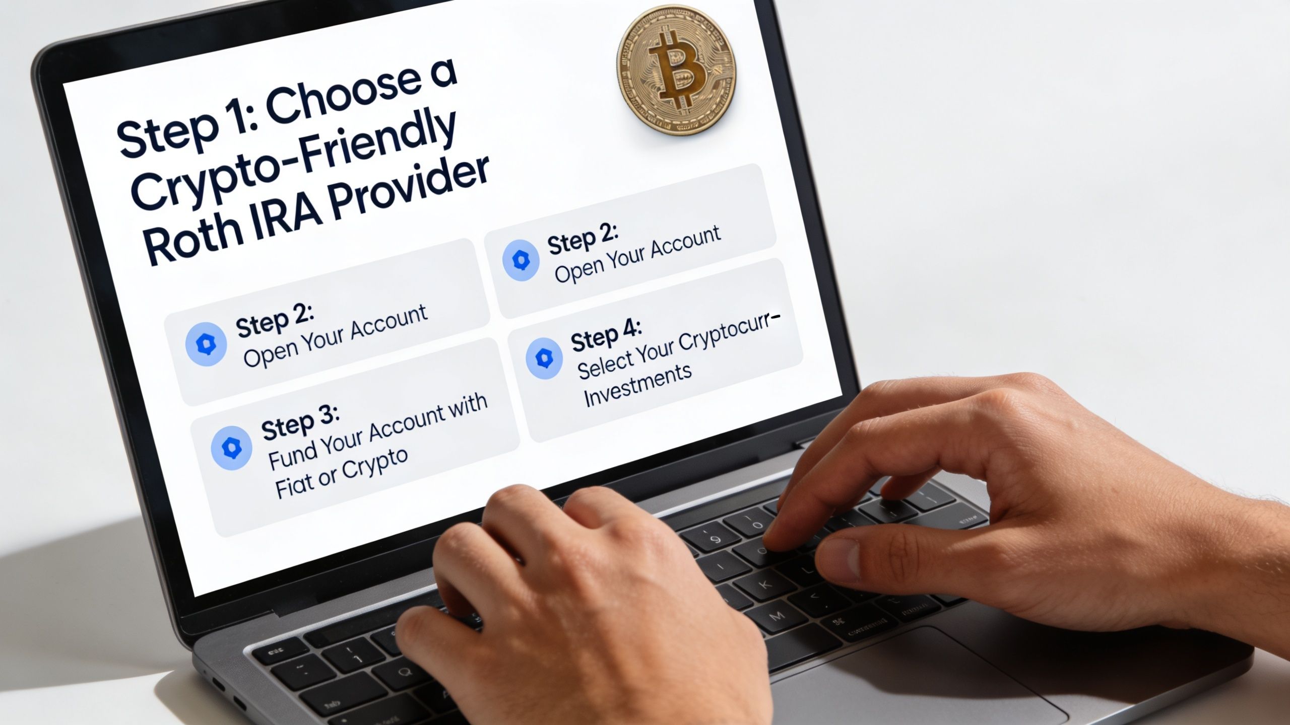 A person typing on a laptop displaying steps for opening and funding a crypto-friendly Roth IRA account.