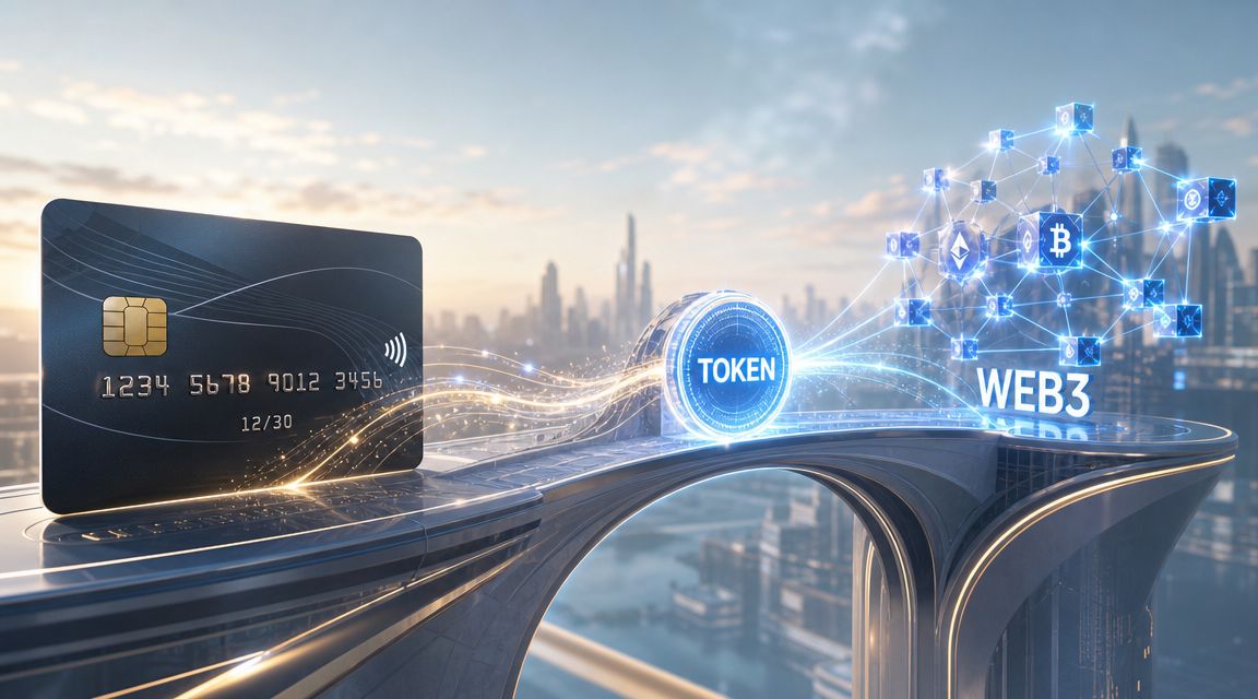 A digital credit card connecting to a glowing token and a futuristic Web3 blockchain network structure.
