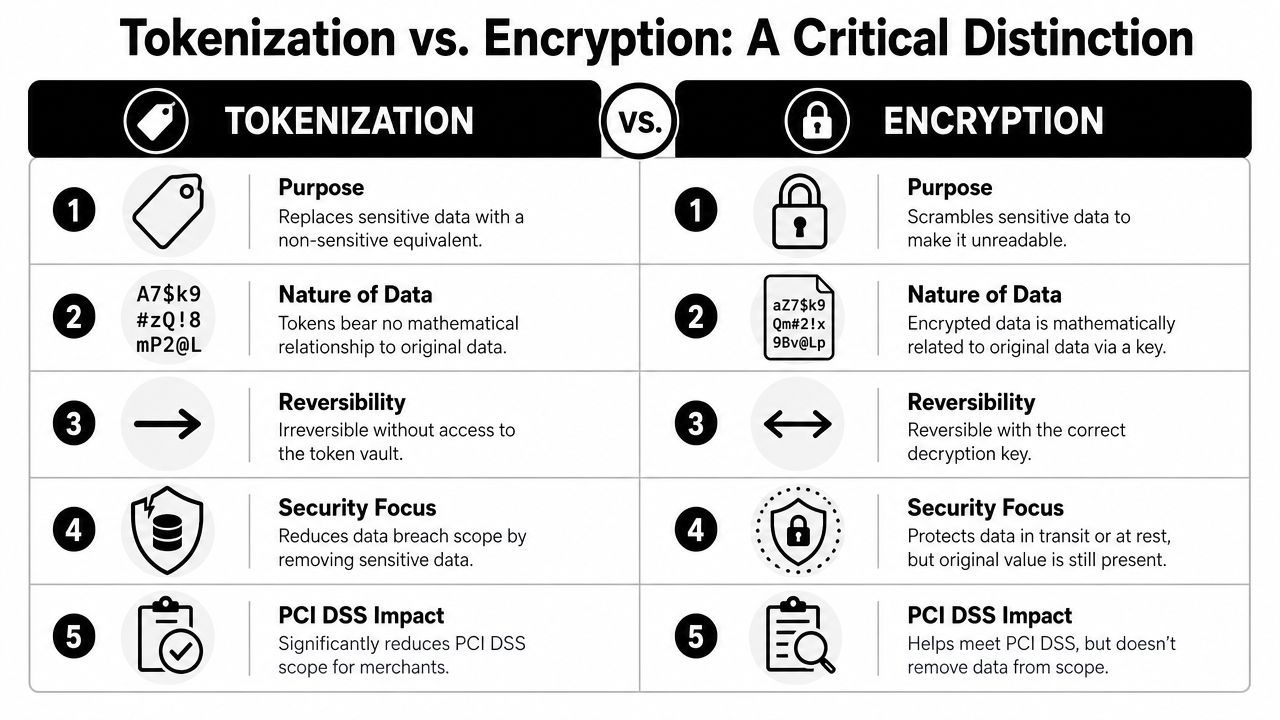 A comparison chart outlining five key differences between data tokenization and data encryption security methods.