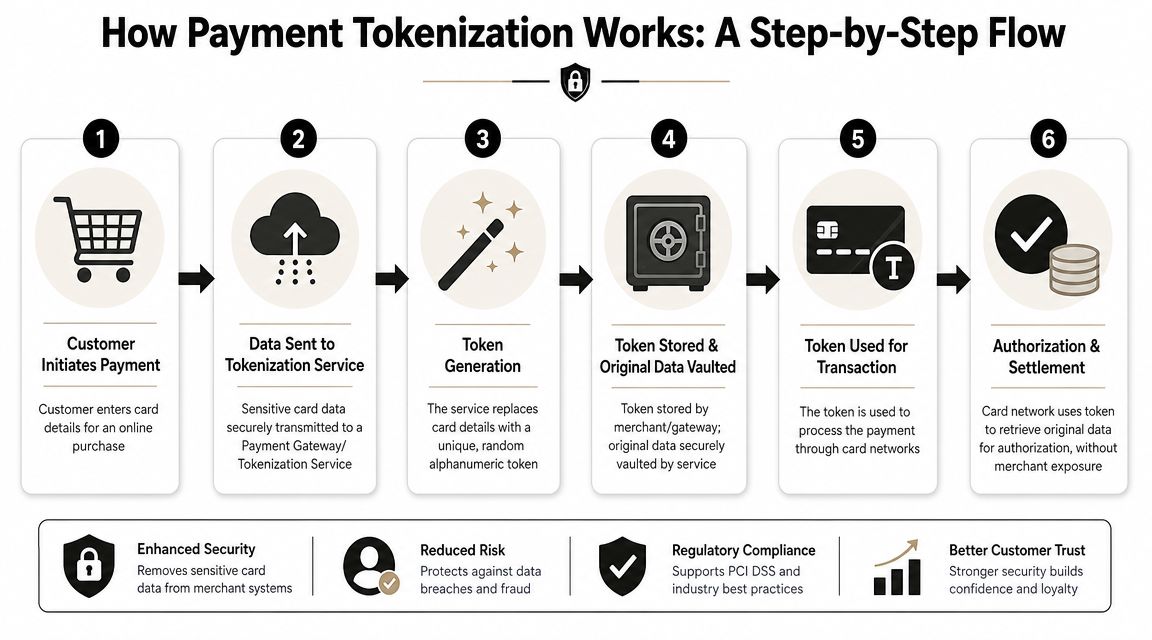 A six-step infographic explaining the secure process of payment tokenization for online transactions.
