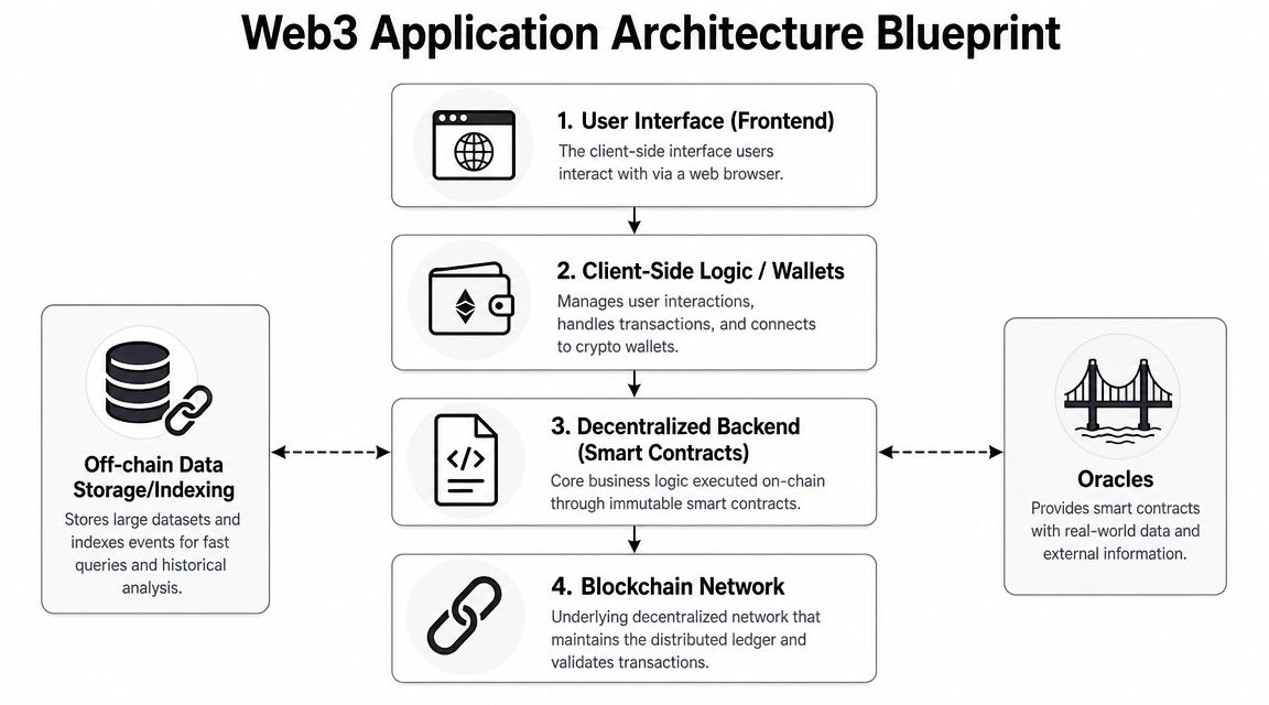 A diagram illustrating the four main components of a standard Web3 application architecture, including backend and frontend elements.