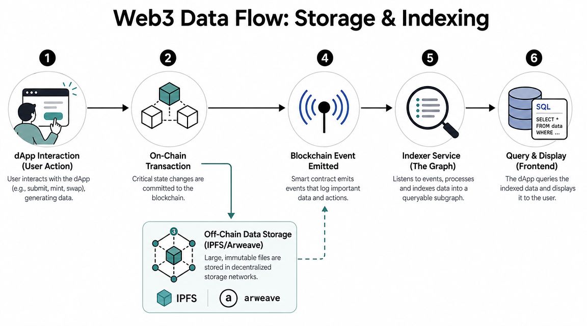 A diagram illustrating the step-by-step Web3 data flow process involving storage and indexing for decentralized applications.