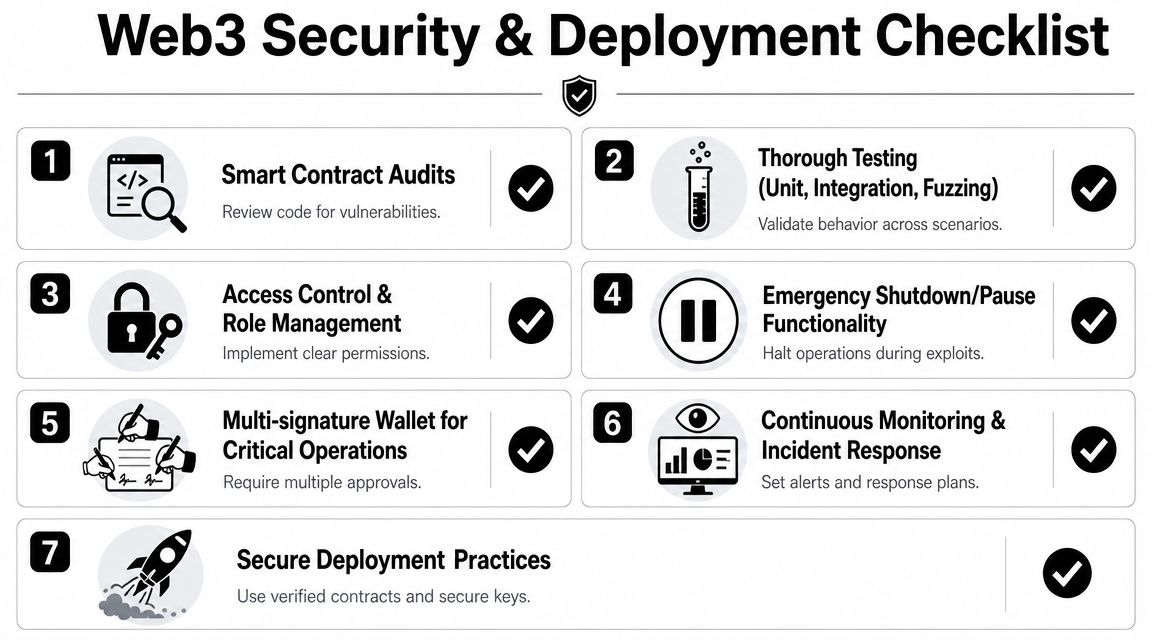 A seven-step security and deployment checklist for web3 development projects illustrated with icons and checkmarks.