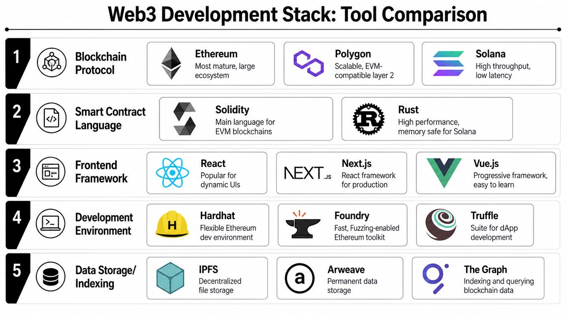 A comparison chart outlining the essential tools and technologies used in the Web3 application development stack.