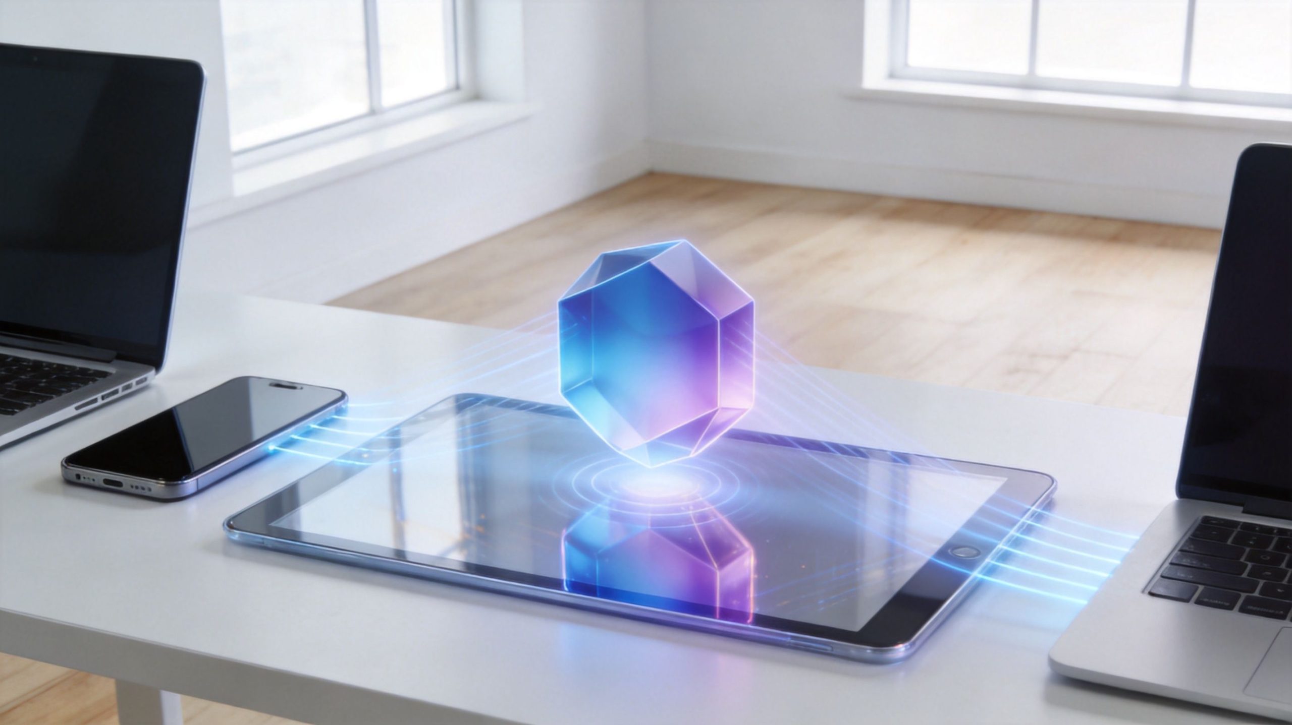 A hologram of a geometric crystal shape projected above a digital tablet connected to laptops and smartphones.