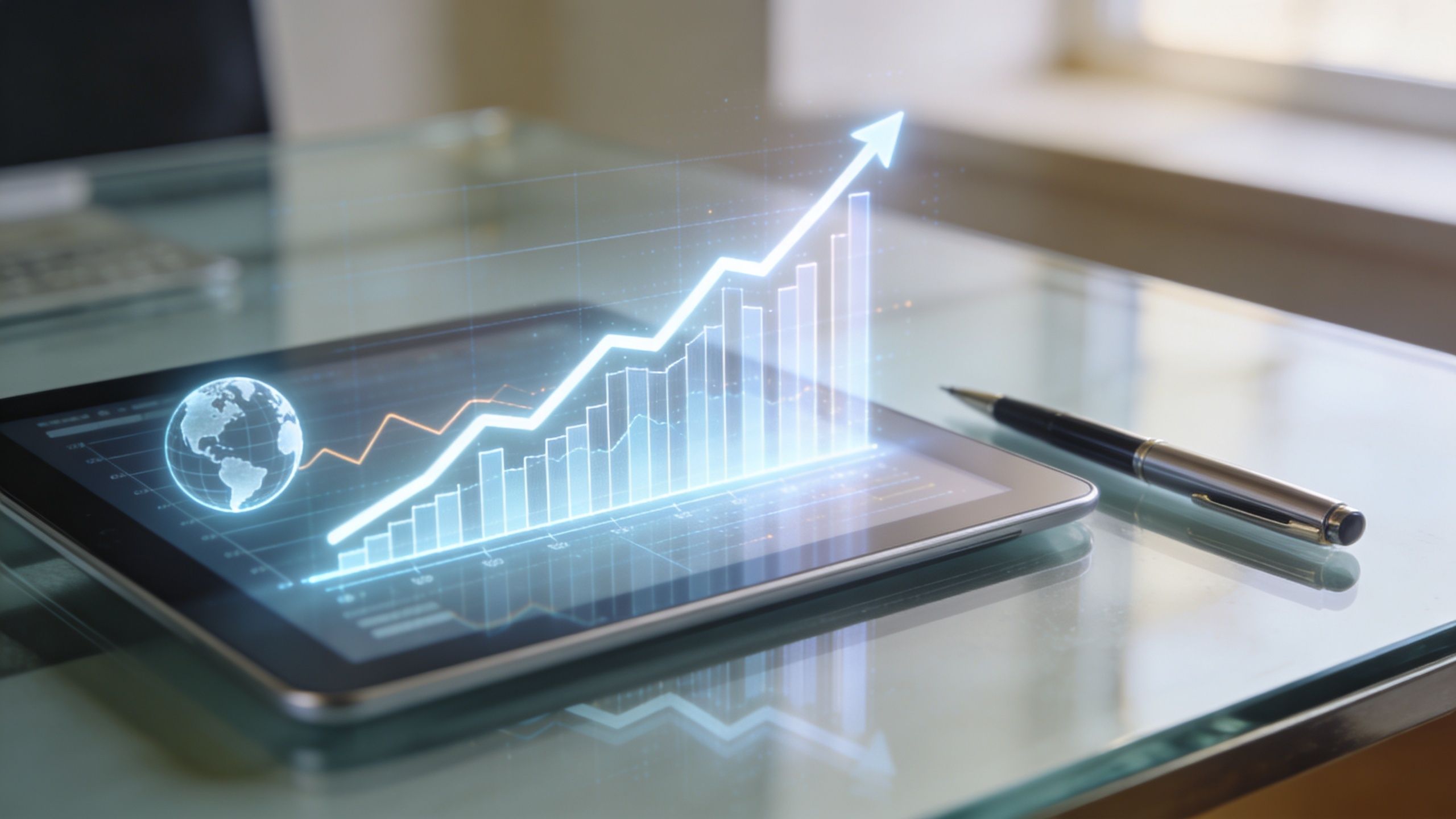 A digital holographic chart showing financial growth on a tablet screen next to a pen on a desk.