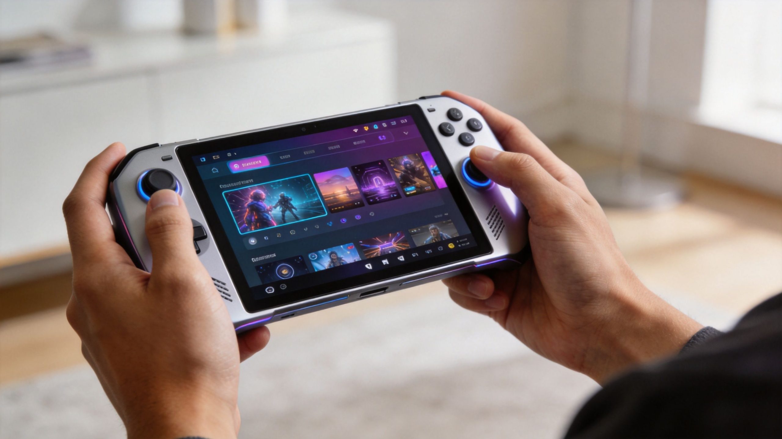 A person holding a handheld gaming console displaying a web3 gaming platform interface with colorful game thumbnails.