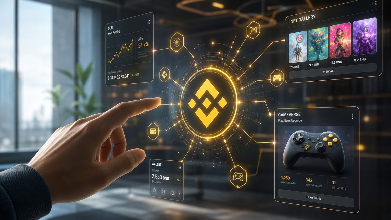 A human hand interacting with a digital holographic interface showcasing BNB cryptocurrency, DeFi, NFTs, and Gameverse statistics.