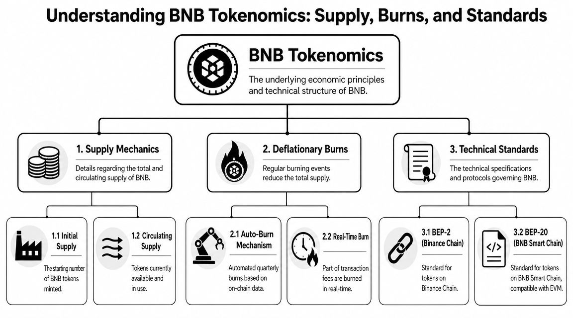 An organizational chart explaining BNB tokenomics, covering supply mechanics, deflationary burns, and technical standards for the network.