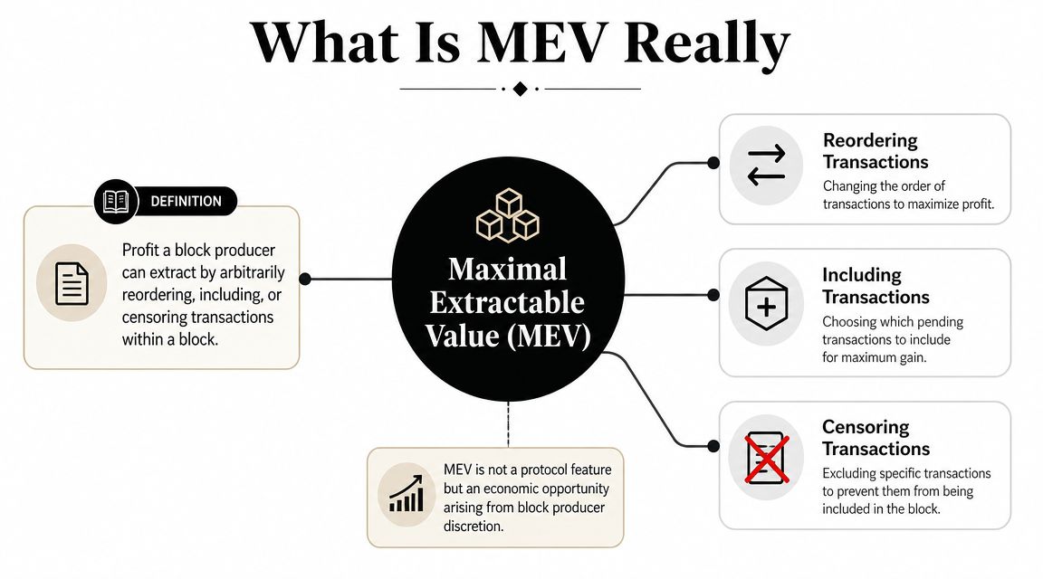 A diagram explaining Maximal Extractable Value (MEV) as profit from reordering, including, or censoring blockchain transactions.