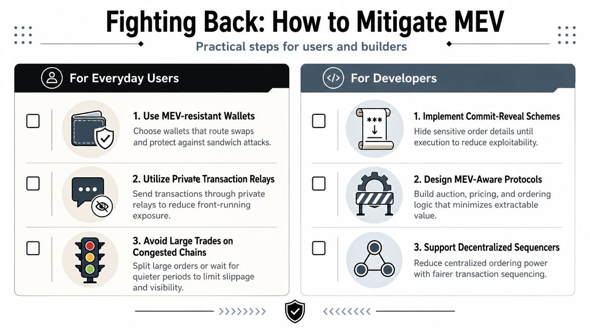 An infographic titled Fighting Back: How to Mitigate MEV, listing practical tips for users and developers.