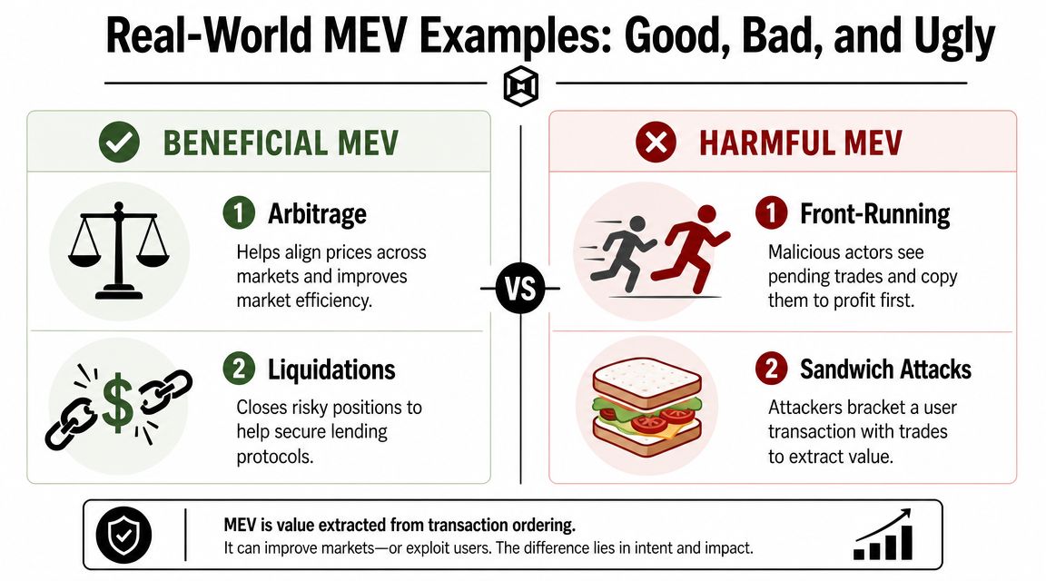 A diagram contrasting beneficial MEV like arbitrage and liquidations with harmful MEV like front-running and sandwich attacks.