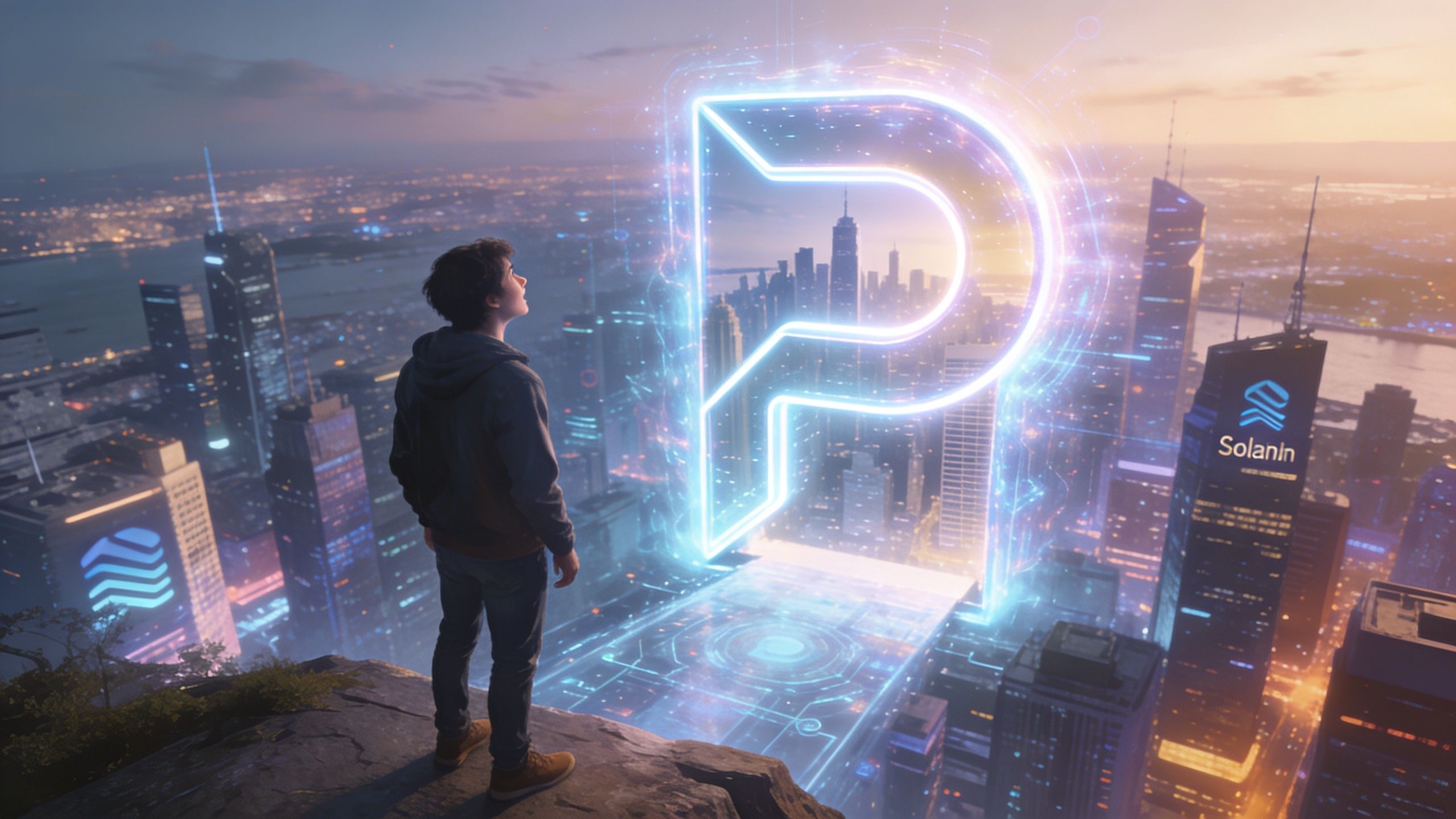 A person standing on a cliff edge looking at a large glowing holographic letter P above a city.