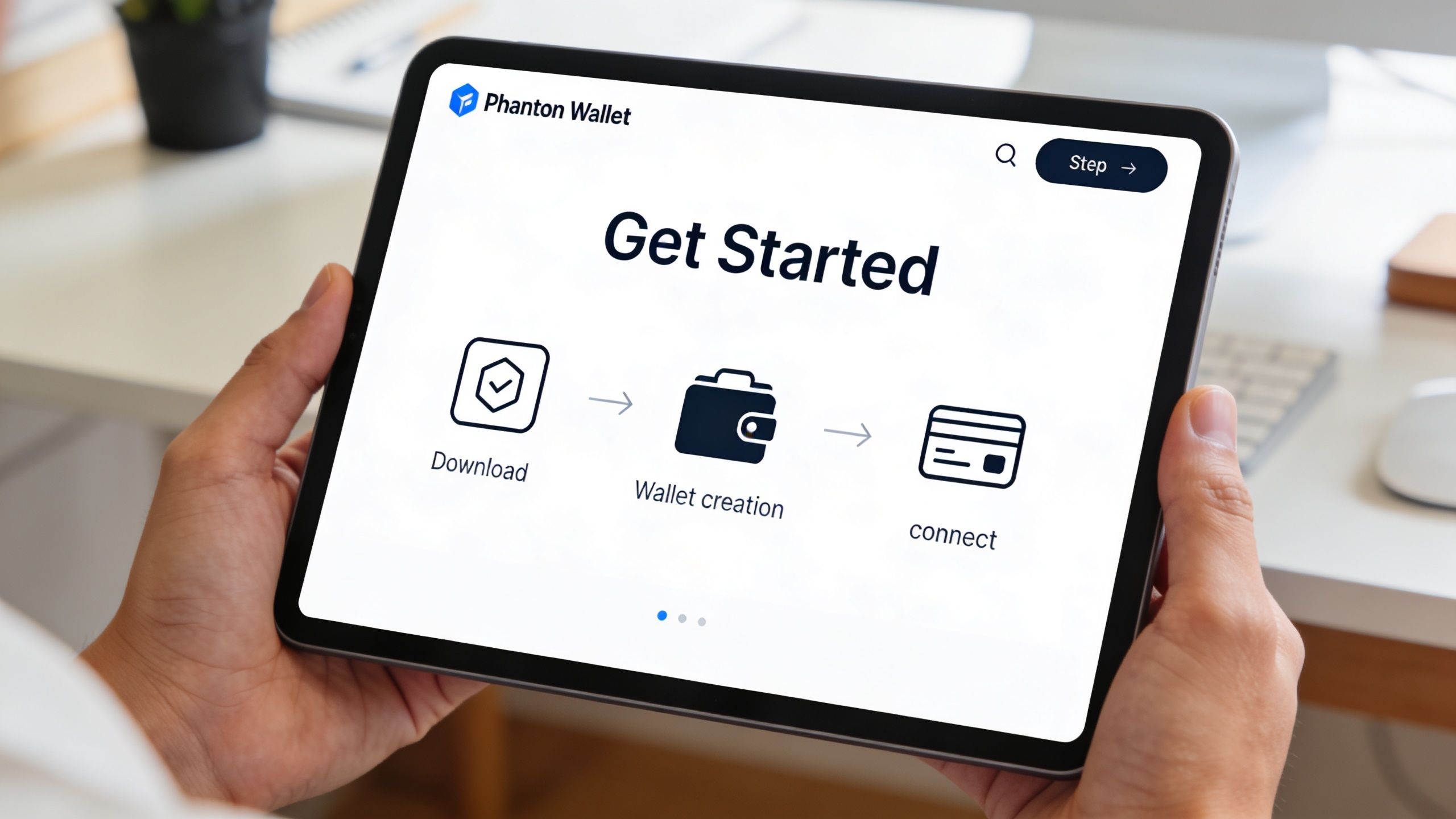 A person holding a tablet displaying a Phantom Wallet getting started guide with three simple steps.