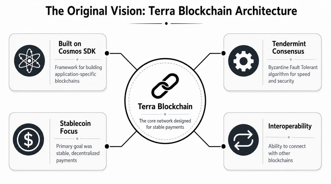 A diagram illustrating the core architectural pillars of the original Terra blockchain vision and design.
