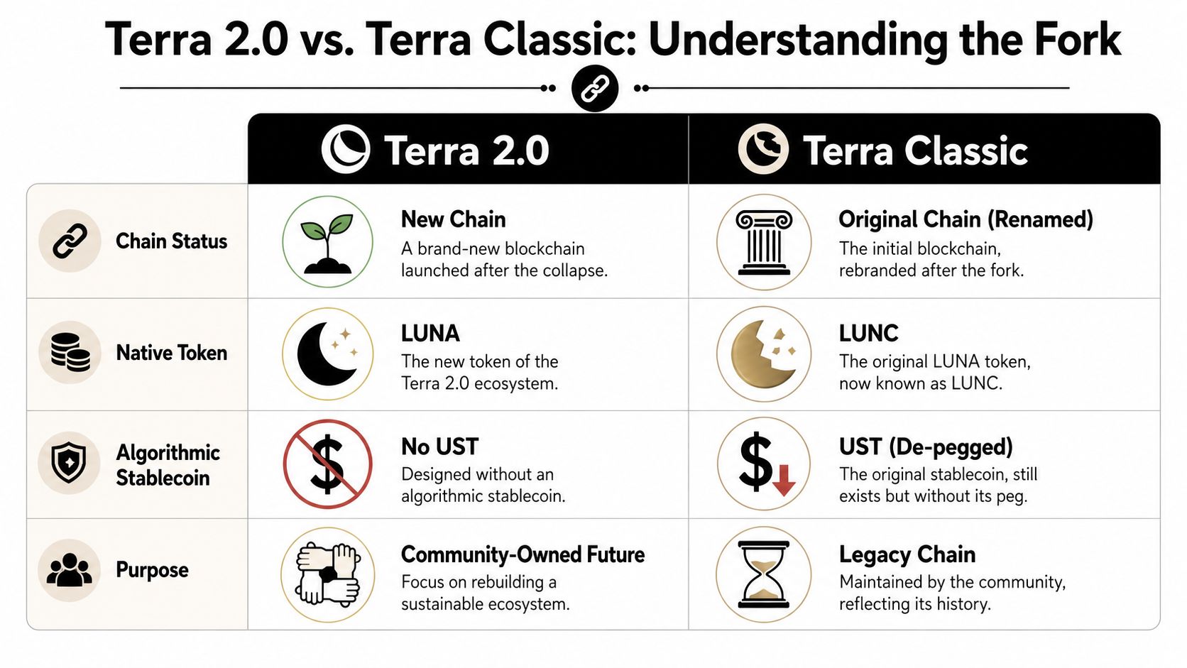 A comparison chart explaining the differences between Terra 2.0 and Terra Classic blockchain systems after the collapse.
