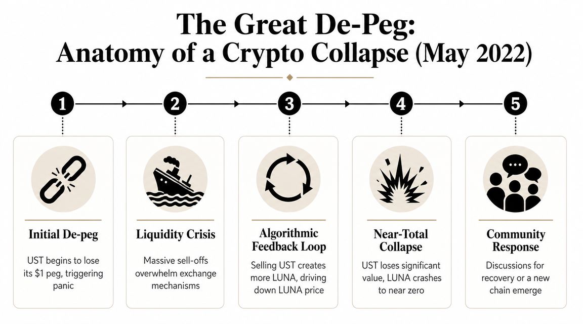 An infographic titled The Great De-Peg explaining the 2022 collapse of Terra's UST and LUNA tokens.