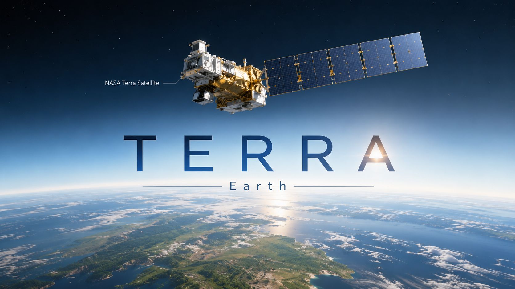 A detailed 3D rendering of the NASA Terra satellite orbiting high above the Earth's atmosphere in space.