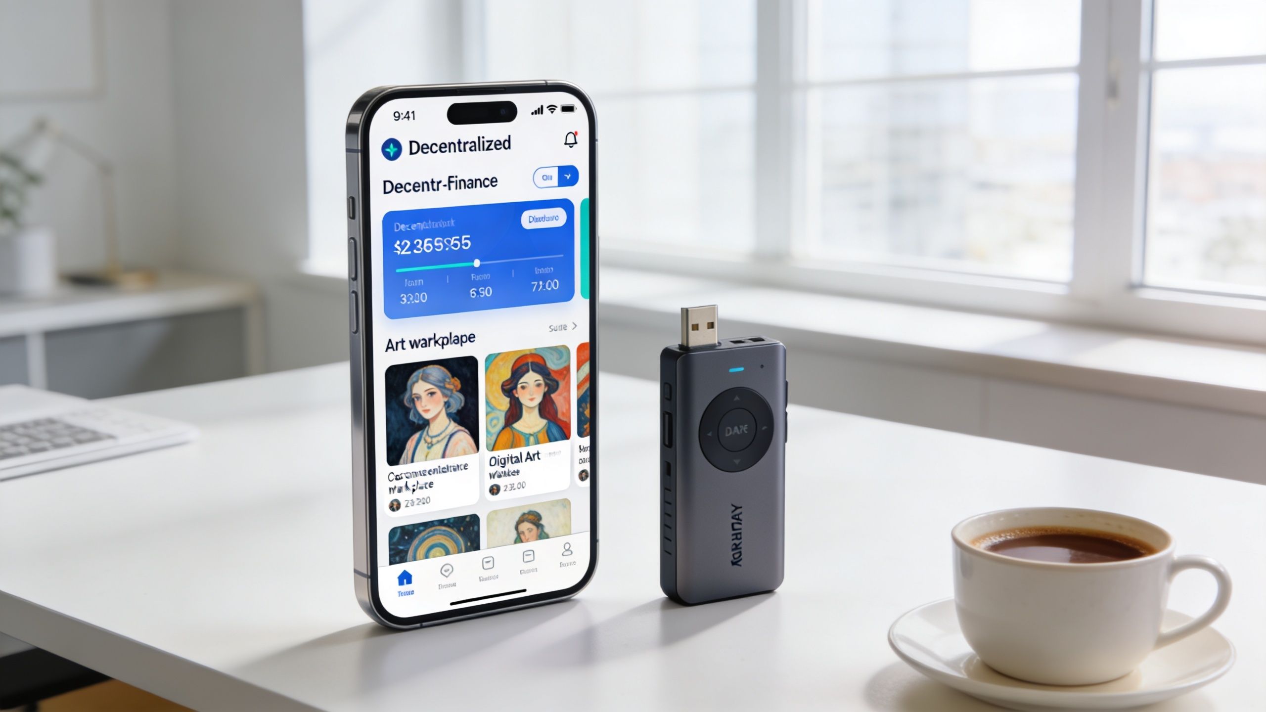 A smartphone displaying a decentralized finance app next to a hardware security wallet on a desk.