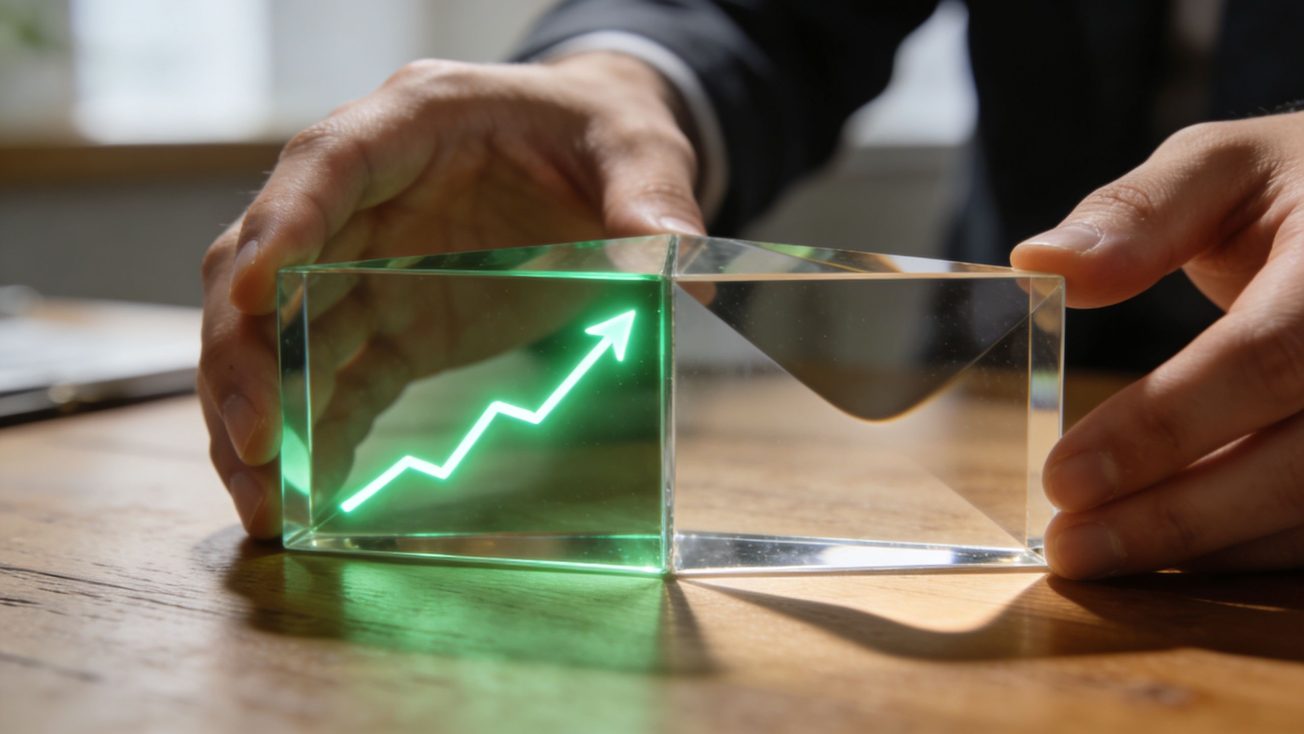 A person holds a clear glass block featuring a glowing green upward trending line chart icon.