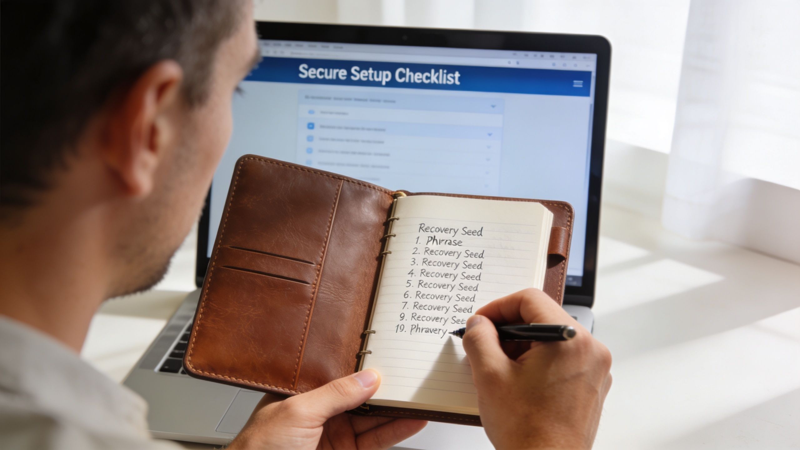 A person writing recovery seed words into a leather notebook while working on a laptop computer setup.