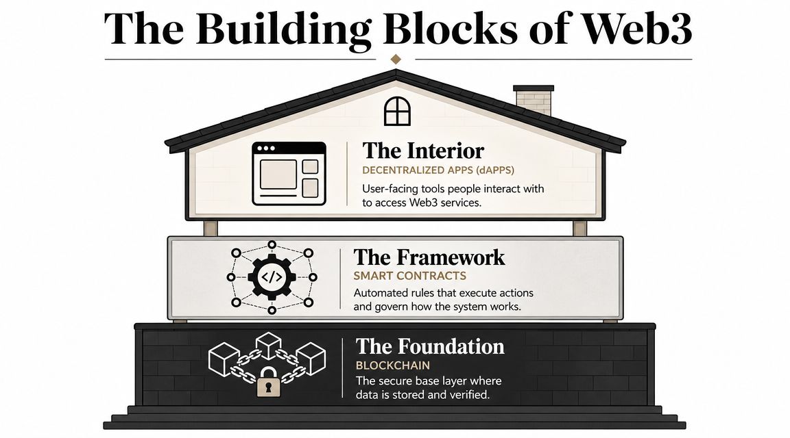 A diagram illustrating the building blocks of Web3 as a house structure with Foundation, Framework, and Interior levels.
