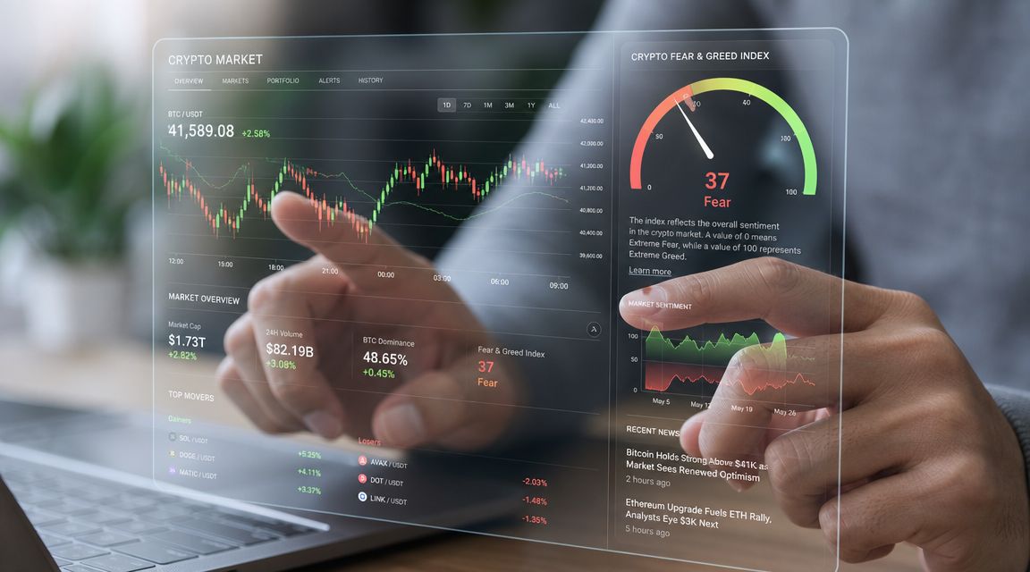 A person interacting with a holographic display showing crypto market data and a fear and greed index.
