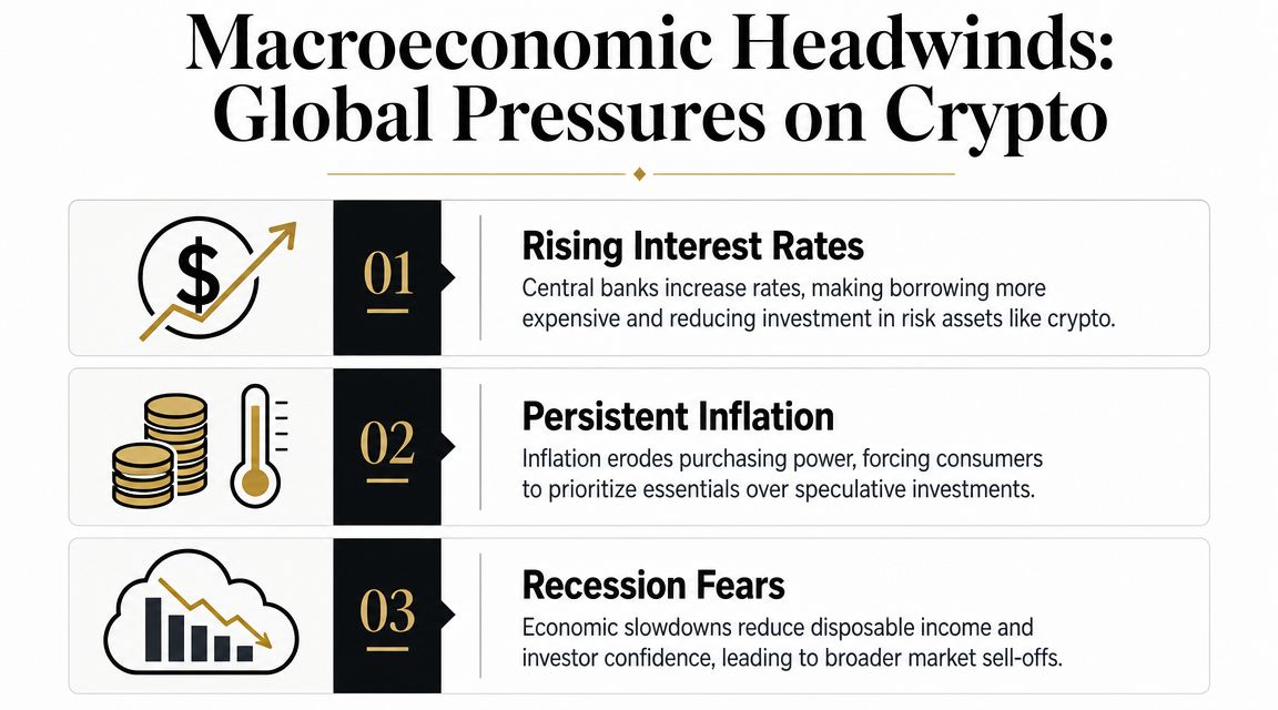 An infographic detailing macroeconomic factors like interest rates, inflation, and recession fears affecting the cryptocurrency market.