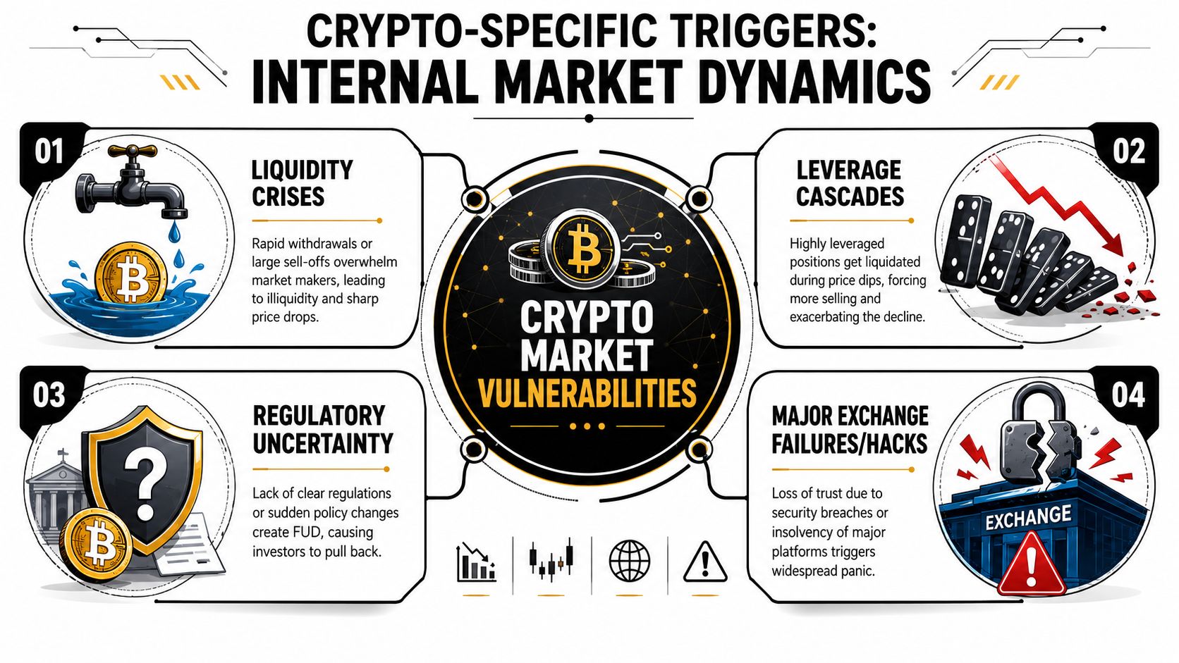 An infographic detailing four primary crypto market vulnerabilities causing rapid declines and price volatility in assets.