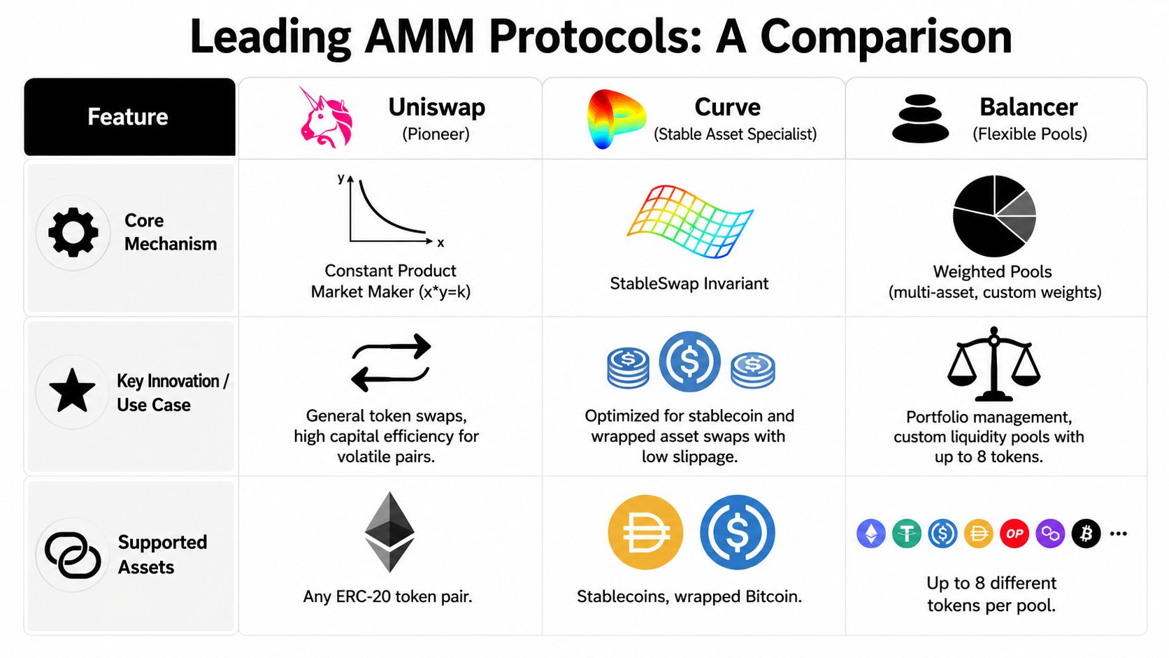 A comparison chart of leading automated market maker protocols including Uniswap, Curve, and Balancer with their specific features.