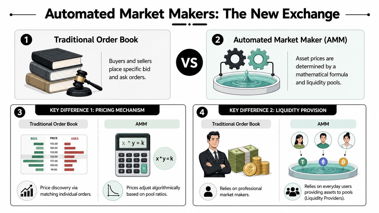 An infographic comparing traditional order book exchange systems with automated market makers using liquidity pools.