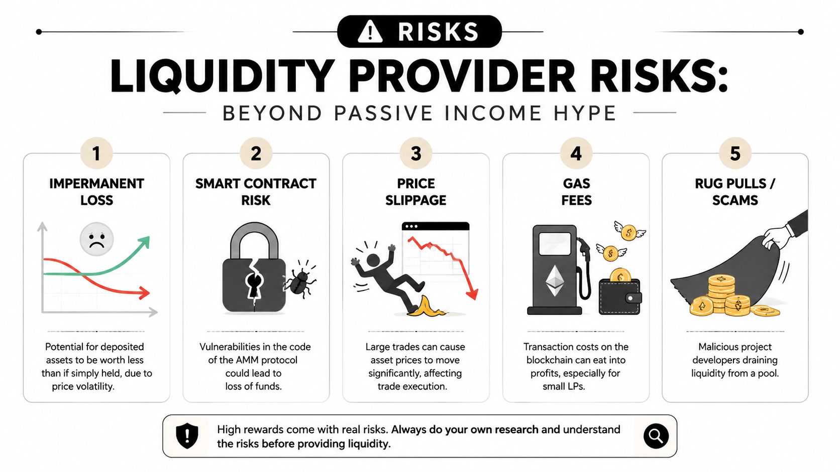 An infographic detailing five key financial risks associated with providing liquidity for automated market makers.