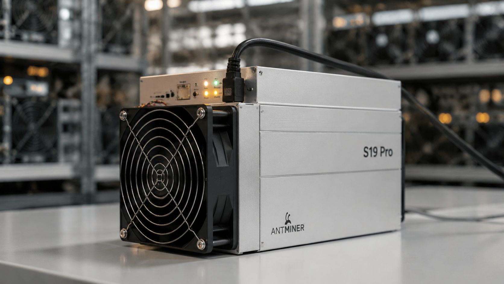 A silver Bitmain Antminer S19 Pro cryptocurrency mining machine sitting on a white table in a data center.