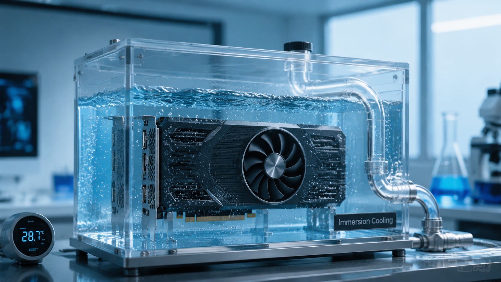 A graphics card submerged in a transparent tank filled with liquid for advanced immersion cooling technology.