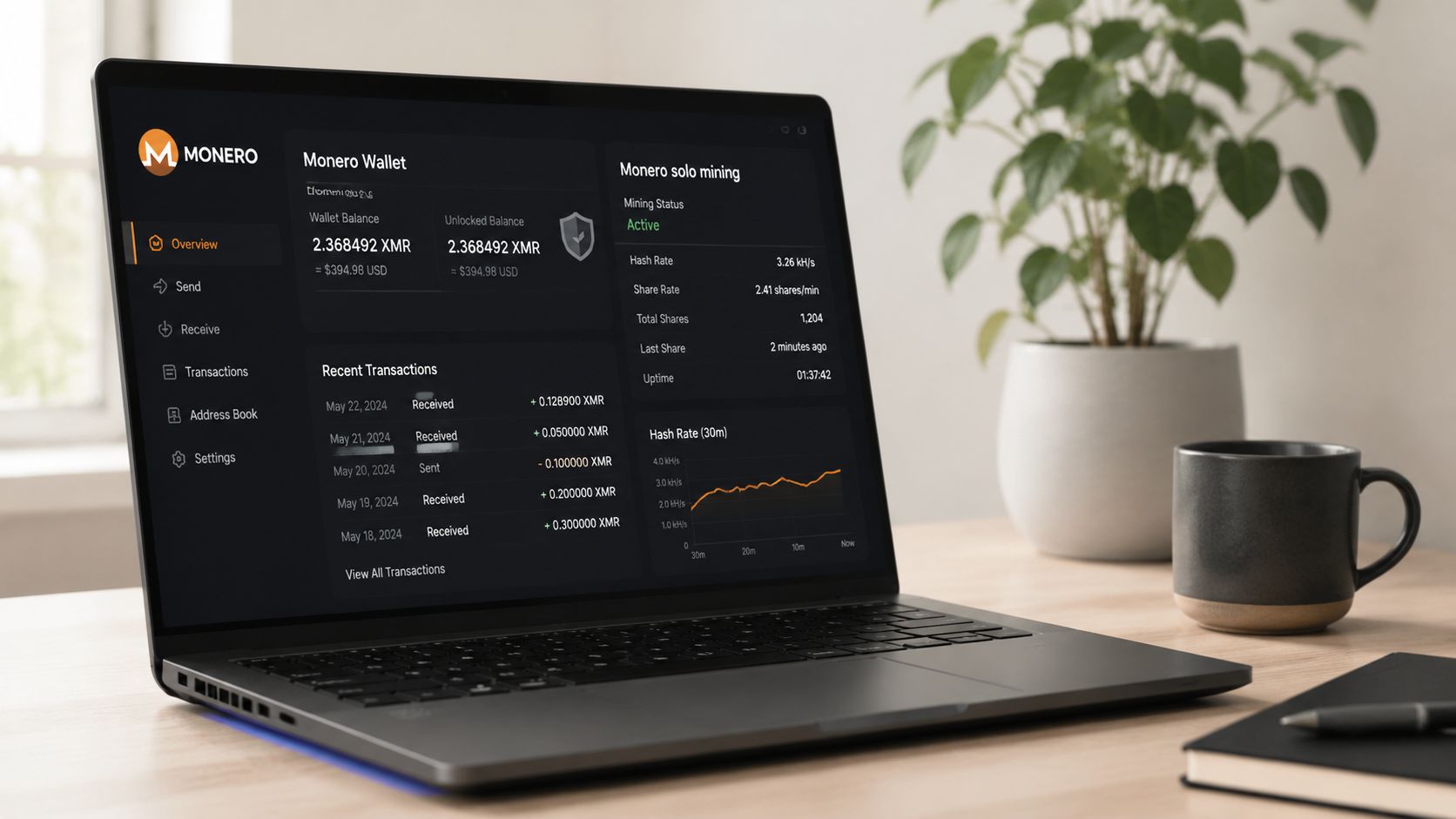 A modern laptop on a wooden desk displaying a Monero cryptocurrency wallet and solo mining dashboard interface.