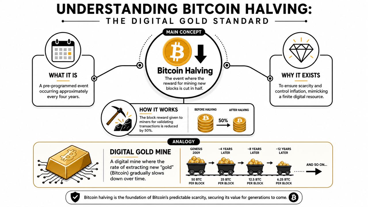 An infographic explaining the concept of Bitcoin halving, its purpose, mechanism, and the digital gold analogy.