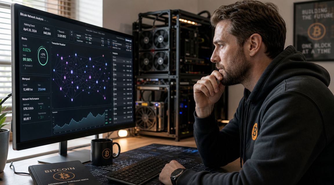 A professional man in a Bitcoin hoodie analyzing network data on his computer monitor in a home office.