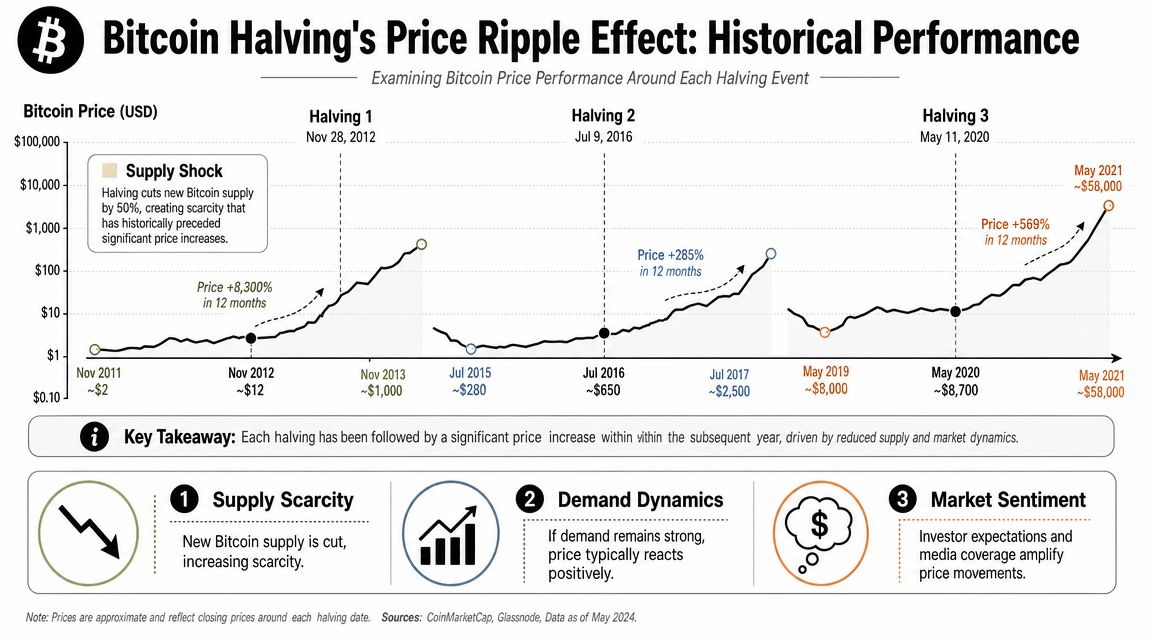 An infographic showing historical Bitcoin price performance following each halving event from 2012 to 2021.