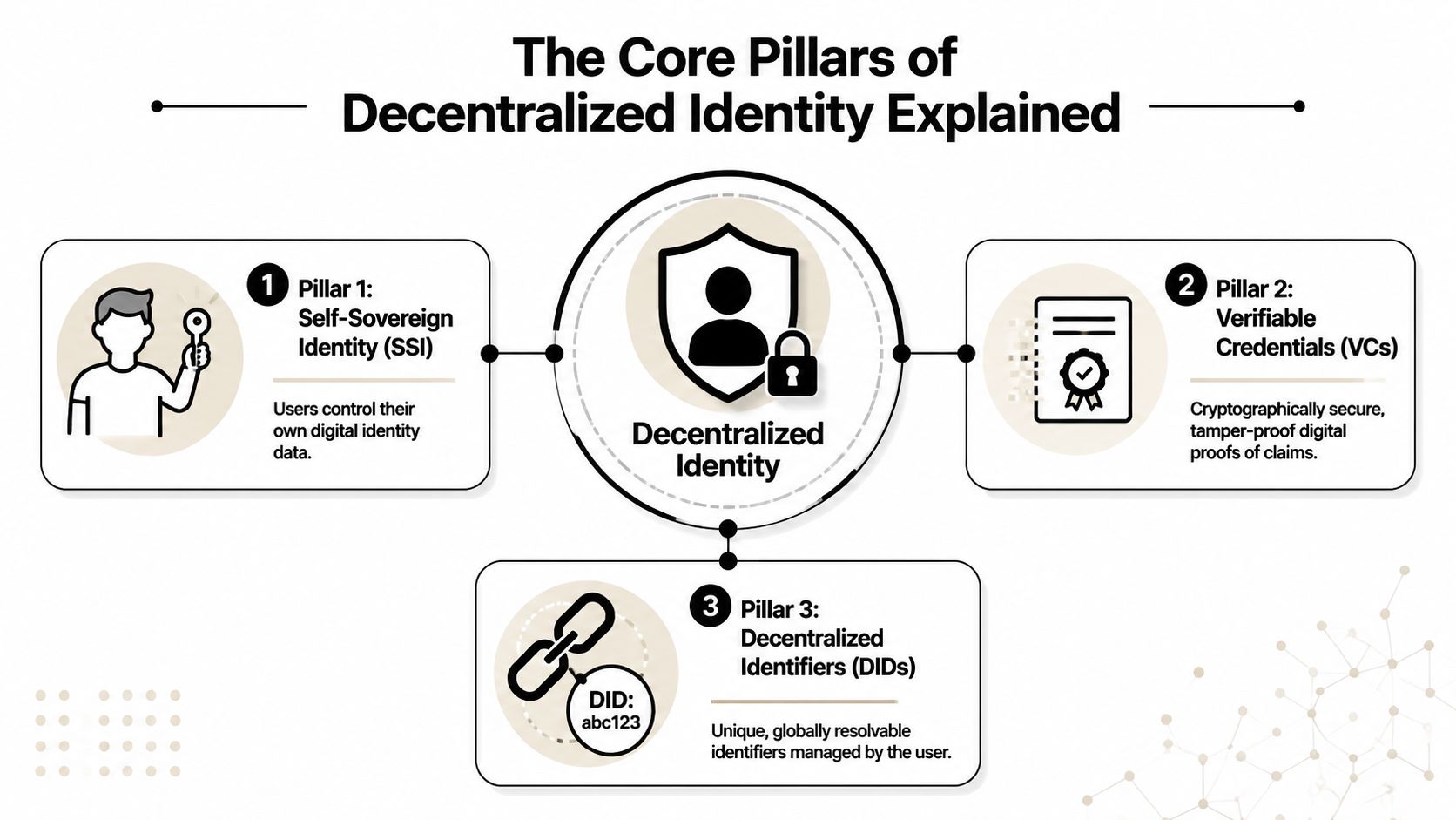 An infographic showing the three core pillars of decentralized identity: self-sovereign identity, verifiable credentials, and decentralized identifiers.
